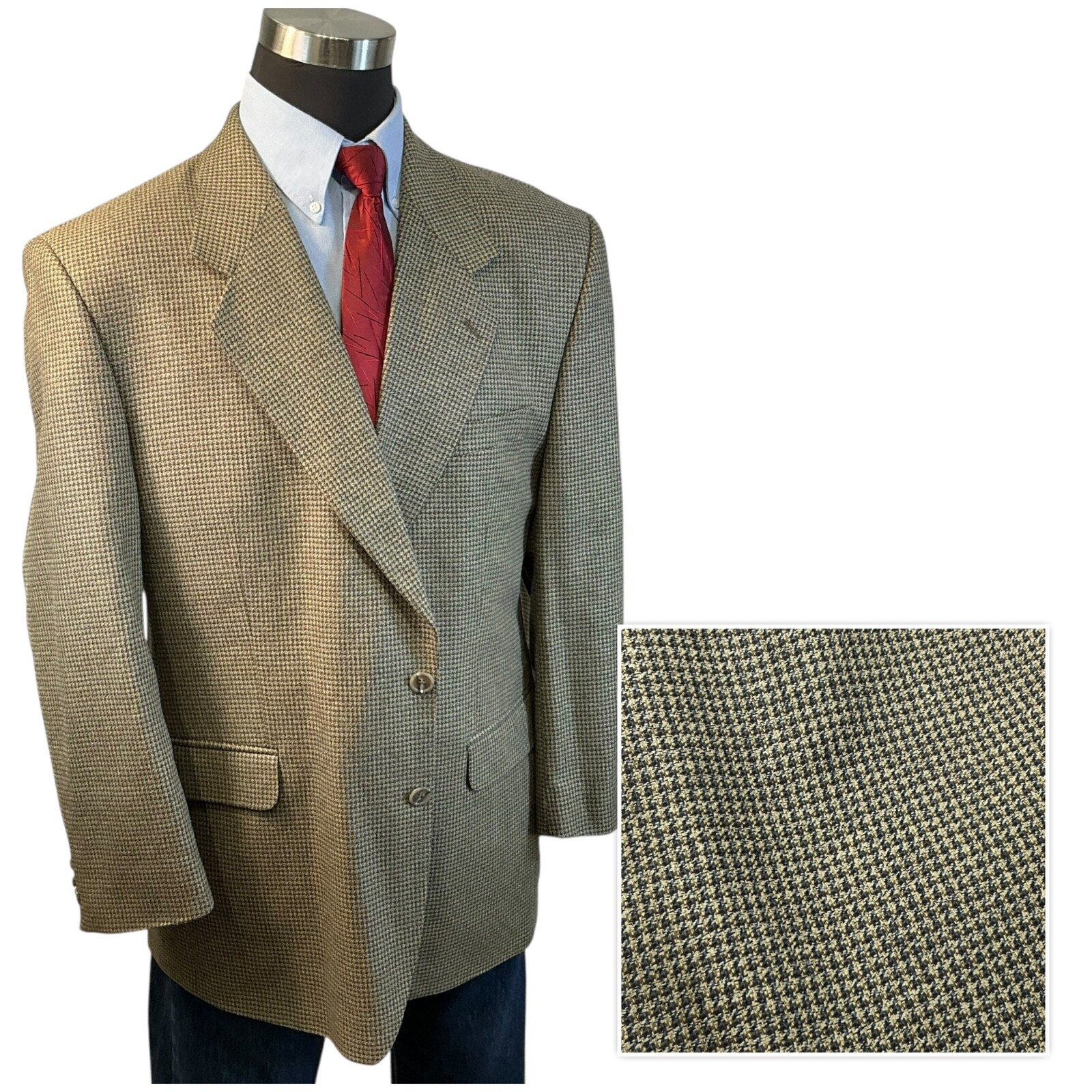 44R/46S Deansgate Houndstooth Green Beige Gray Blue Suit Jacket Sport Coat Blaze