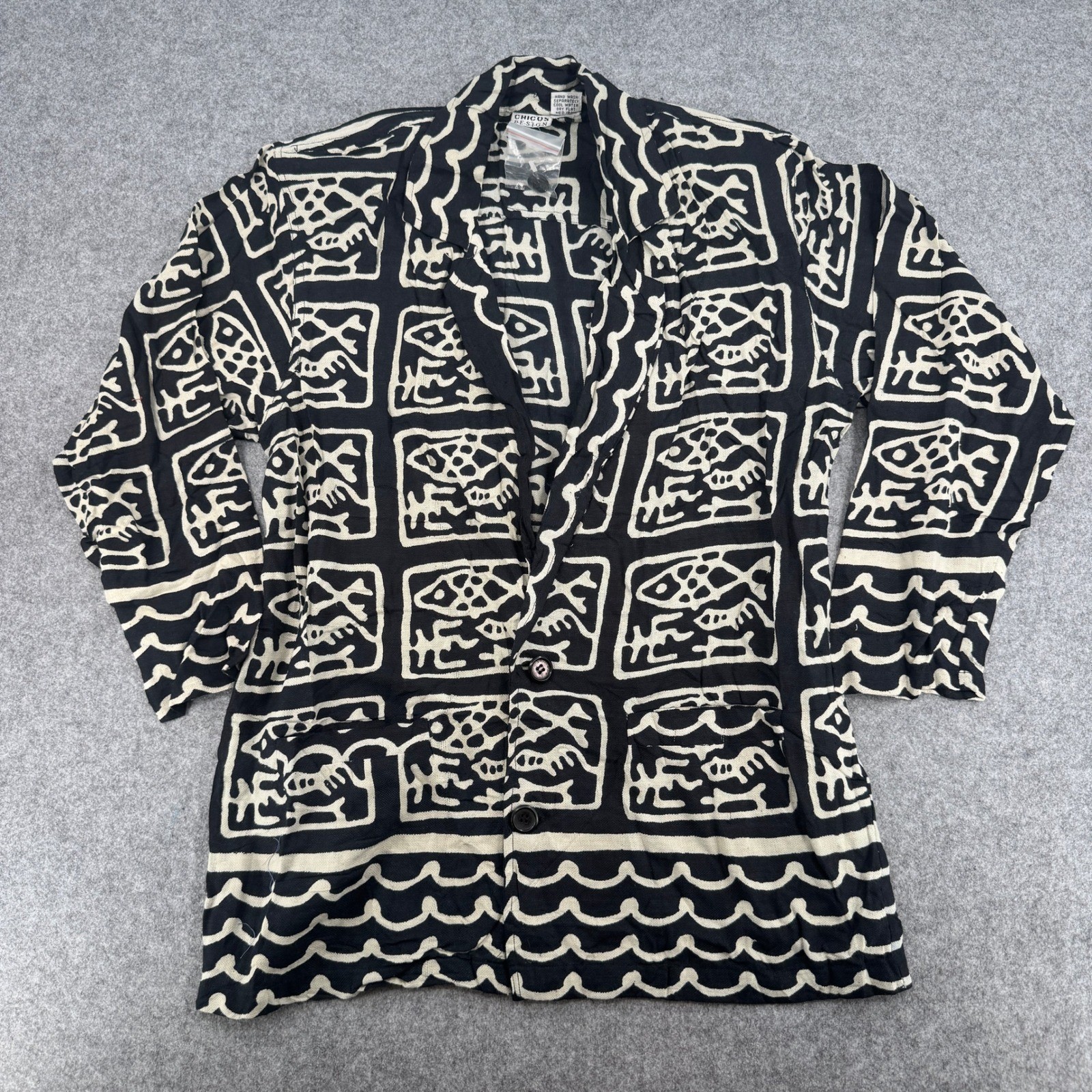 Chicos Design Vintage Cotton Block Print Fish Jacket Black White Mens Small
