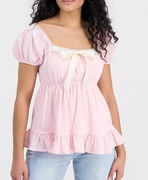 Ultra Flirt Peasant Top Ribbon Lace Trim Puff Sleeve Pink Size M Babydoll NWT