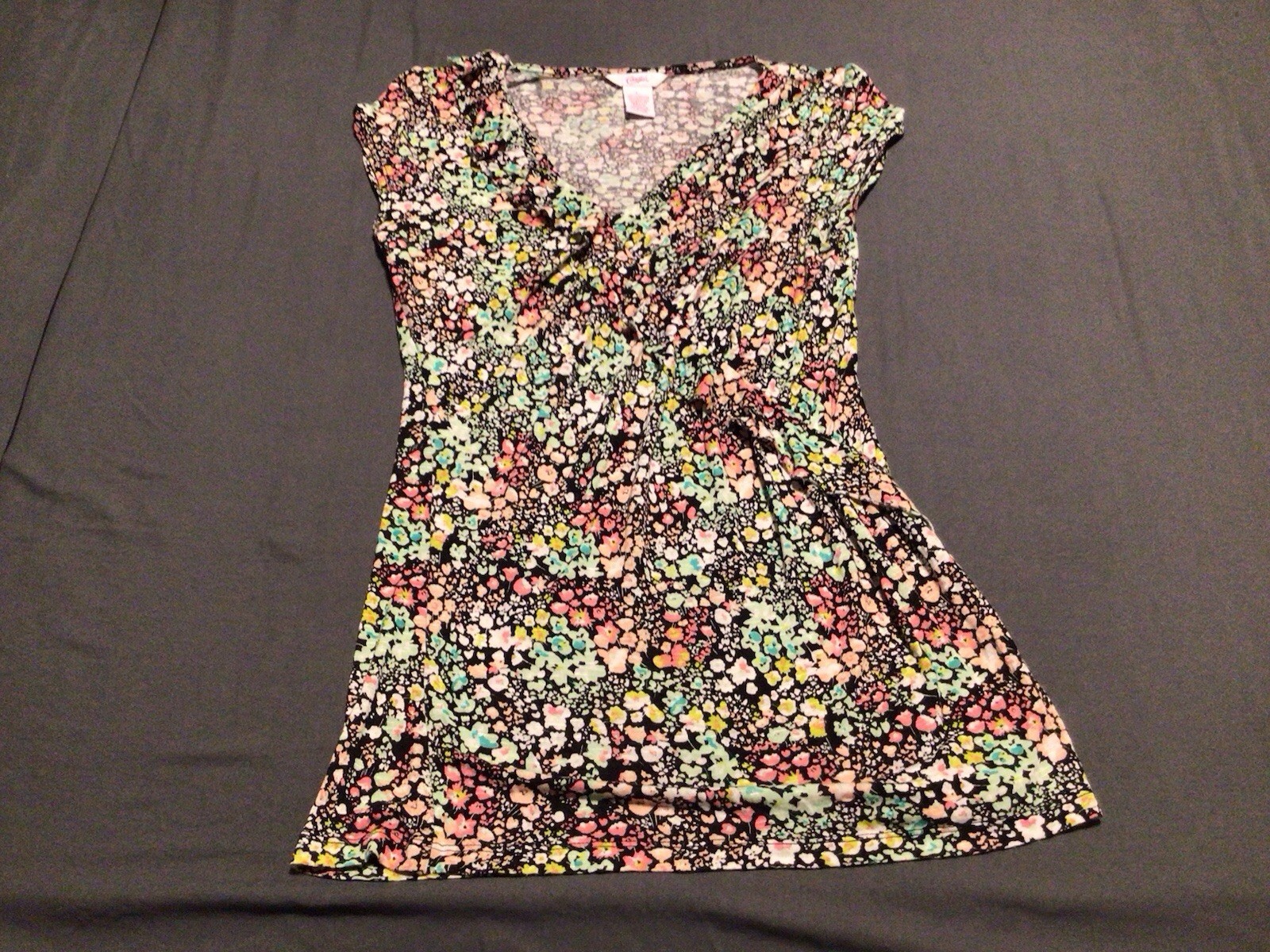 Candies Floral Cap,sleeve Ruffle Front Pullover Shirt L