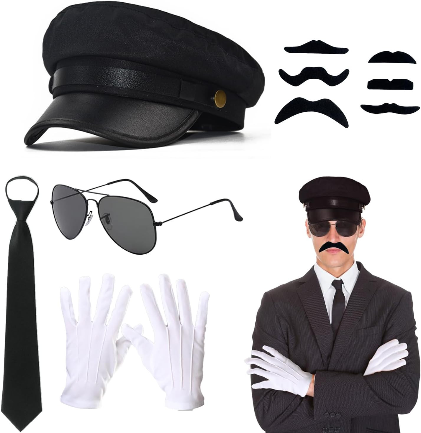 10Pcs Chauffeur Costume Accessories Set Black Limo Driver Hat Taxi Driver Gloves