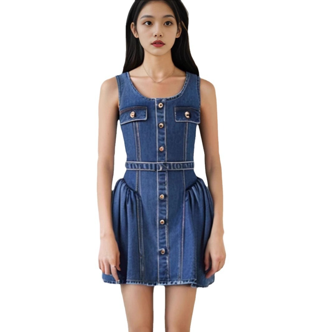 Self-Portrait Womens New Retro Sweet Waist Fluffy Sleeveless Denim Dress