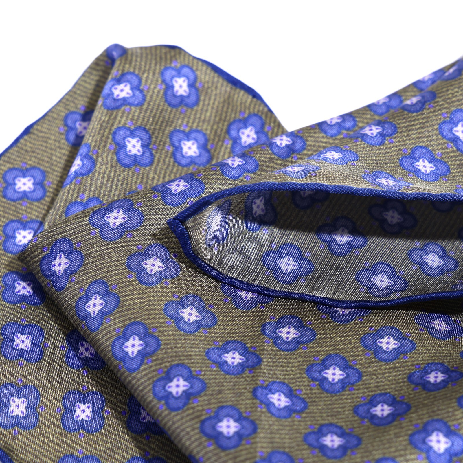 Men’s Pure Silk Twill Handkerchief Army Green Floral Pocket Square 30cm 11.8in
