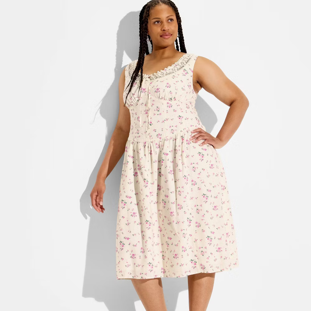 Women Button-Front Lace Midi Dress – Wild Fable Off-White Floral XXL