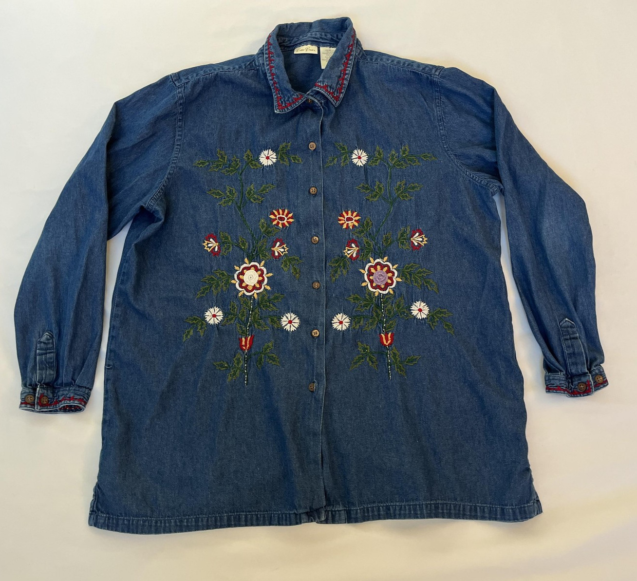Bobbie Brooks Denim Embroidered Floral Shirt Button Up Tunic Womens XL Blue