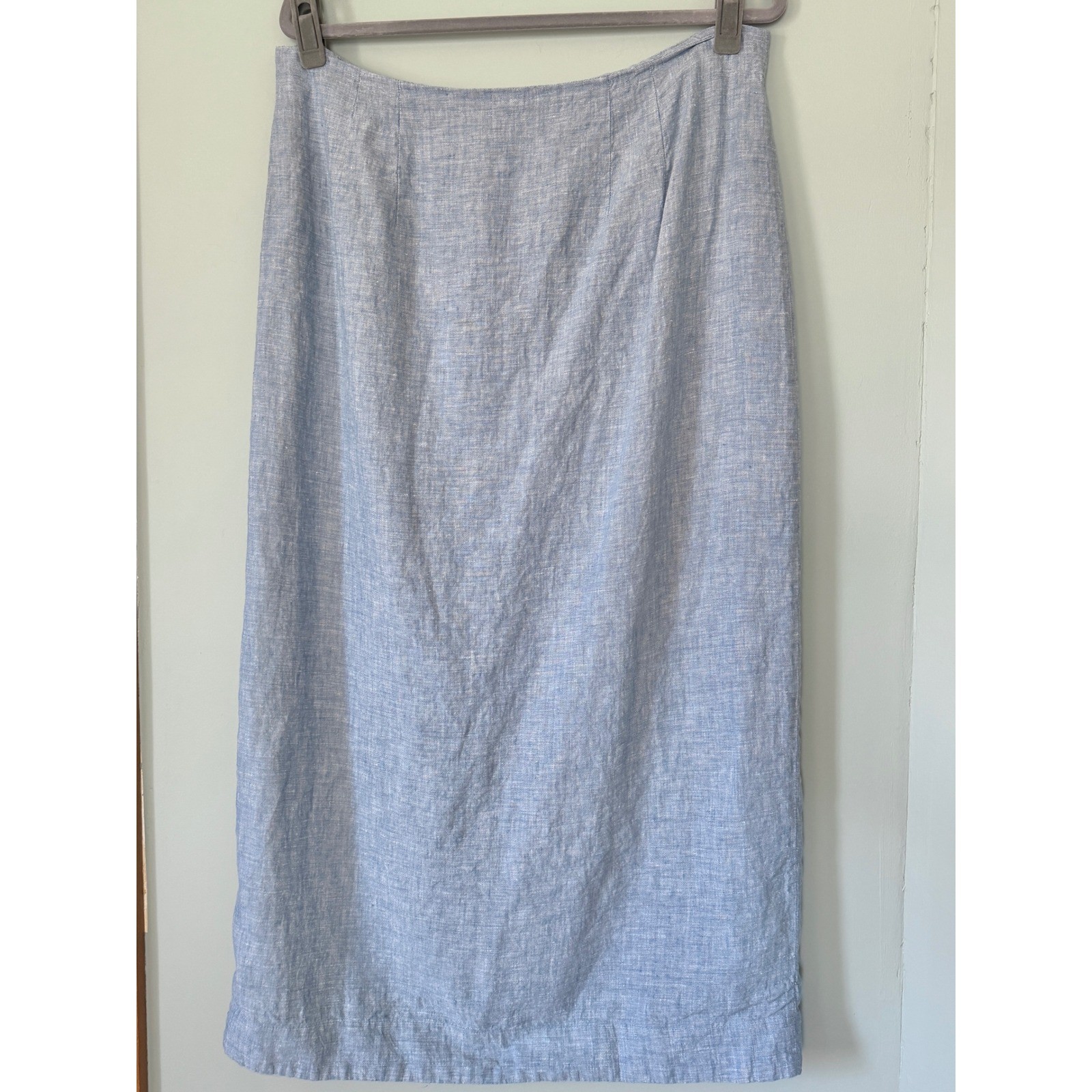 LOFT Linen/Cotton Midi Skirt High Waisted Front Slit Lined Light Blue Size 14/XL
