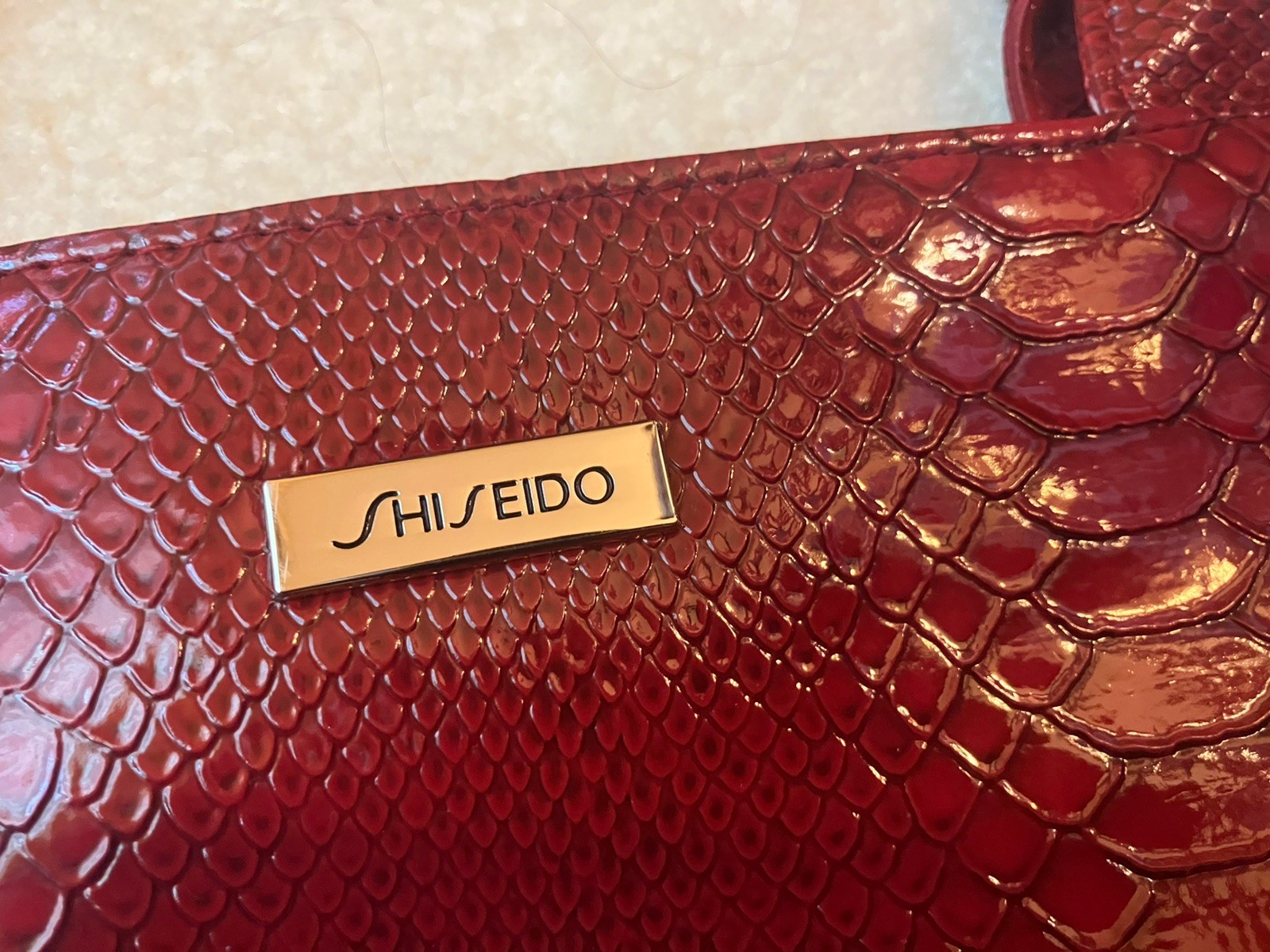 Shiseido Red Crocodile Embossed Print Bag 13″ x 10″ x 3″