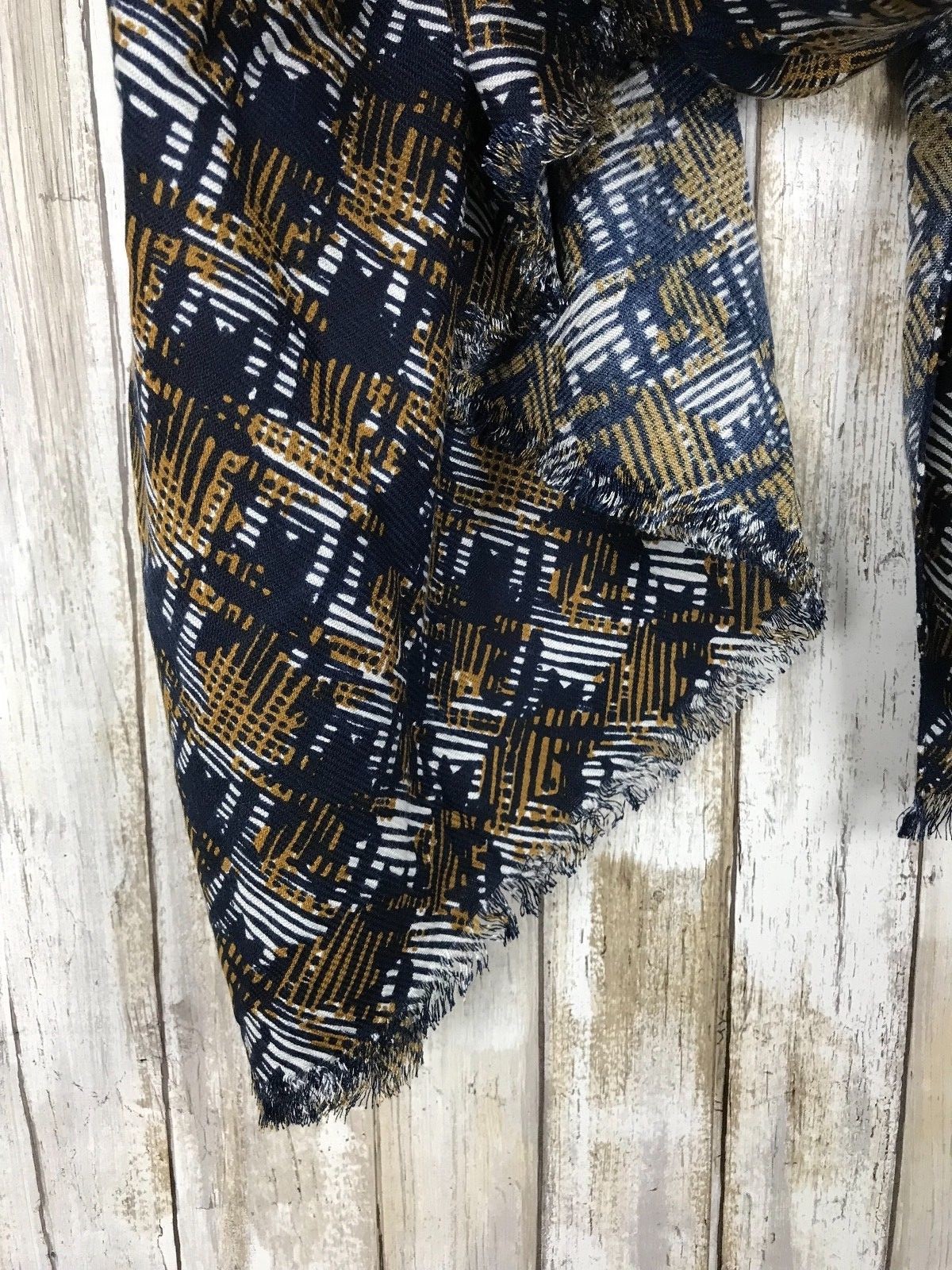 Koan Navy Blue Tan Brown Print Scarf Large Wrap 41×71 NEW