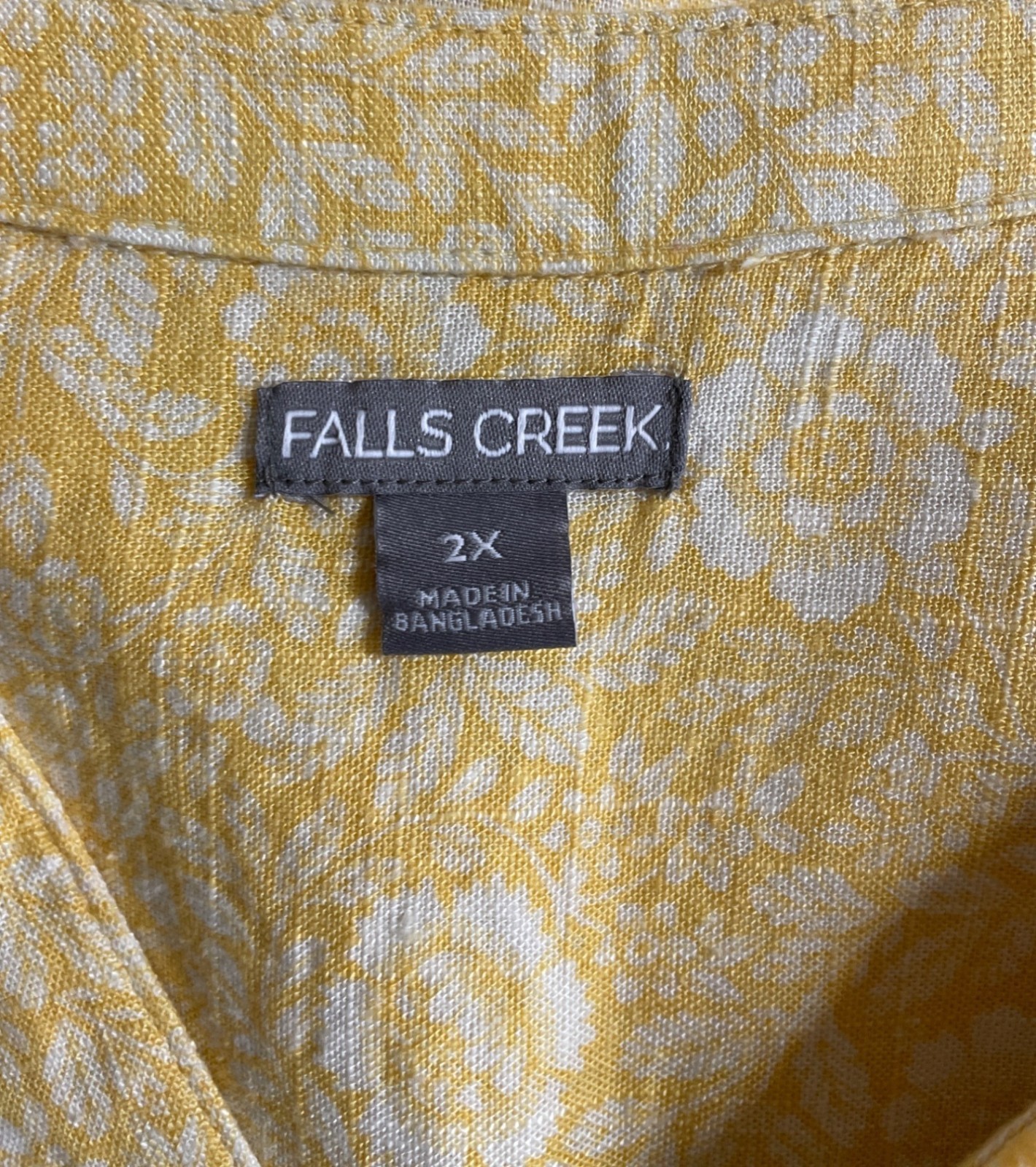 Falls Creek Womens Size 2X Yellow & White Floral Print Linen Blend Shirt