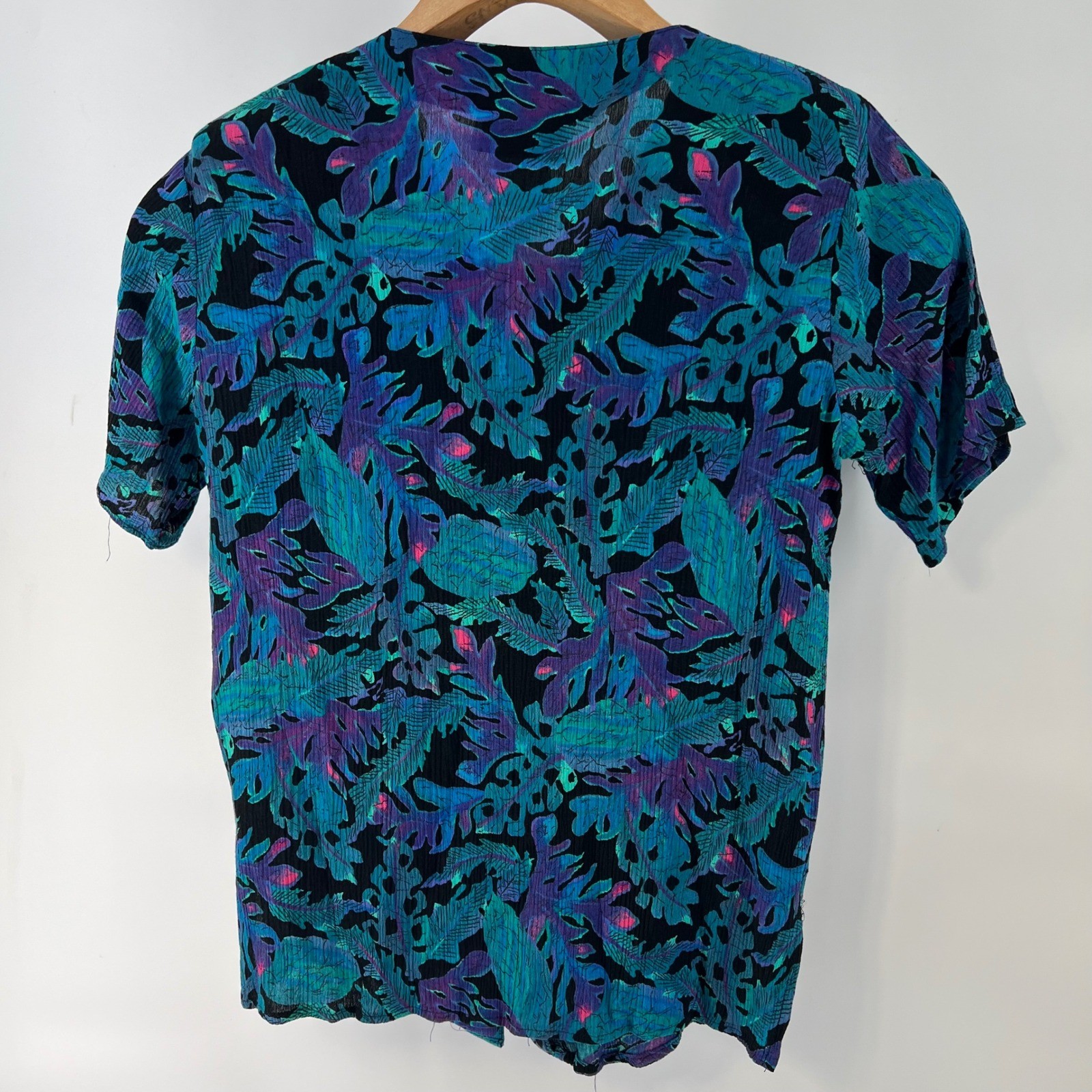 Vintage 90s California Krush Rayon Blouse Petite Tropical Floral Made USA Teal