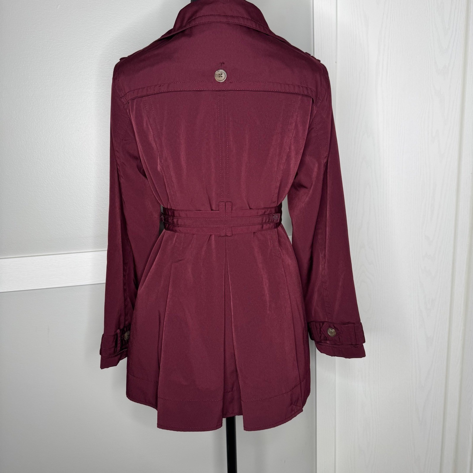 Worthington Trench Coat Women Petite Large Burgundy Belted Double Breasted 2505