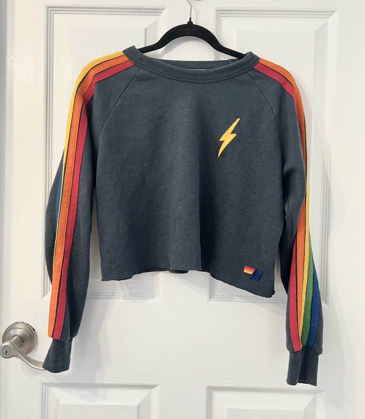 Aviator Nation 5 Stripe Pullover Cropped Crewneck Hoodie Sweatshirt XS