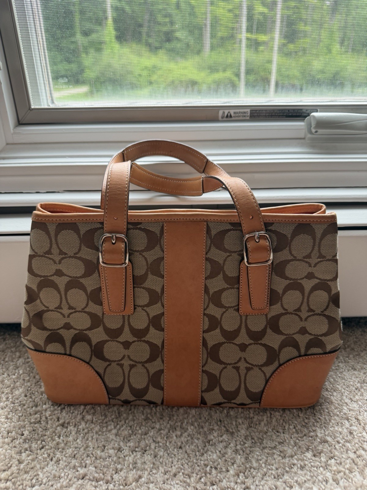 Coach Signature Jacquard Leather Trim Tote Bag
