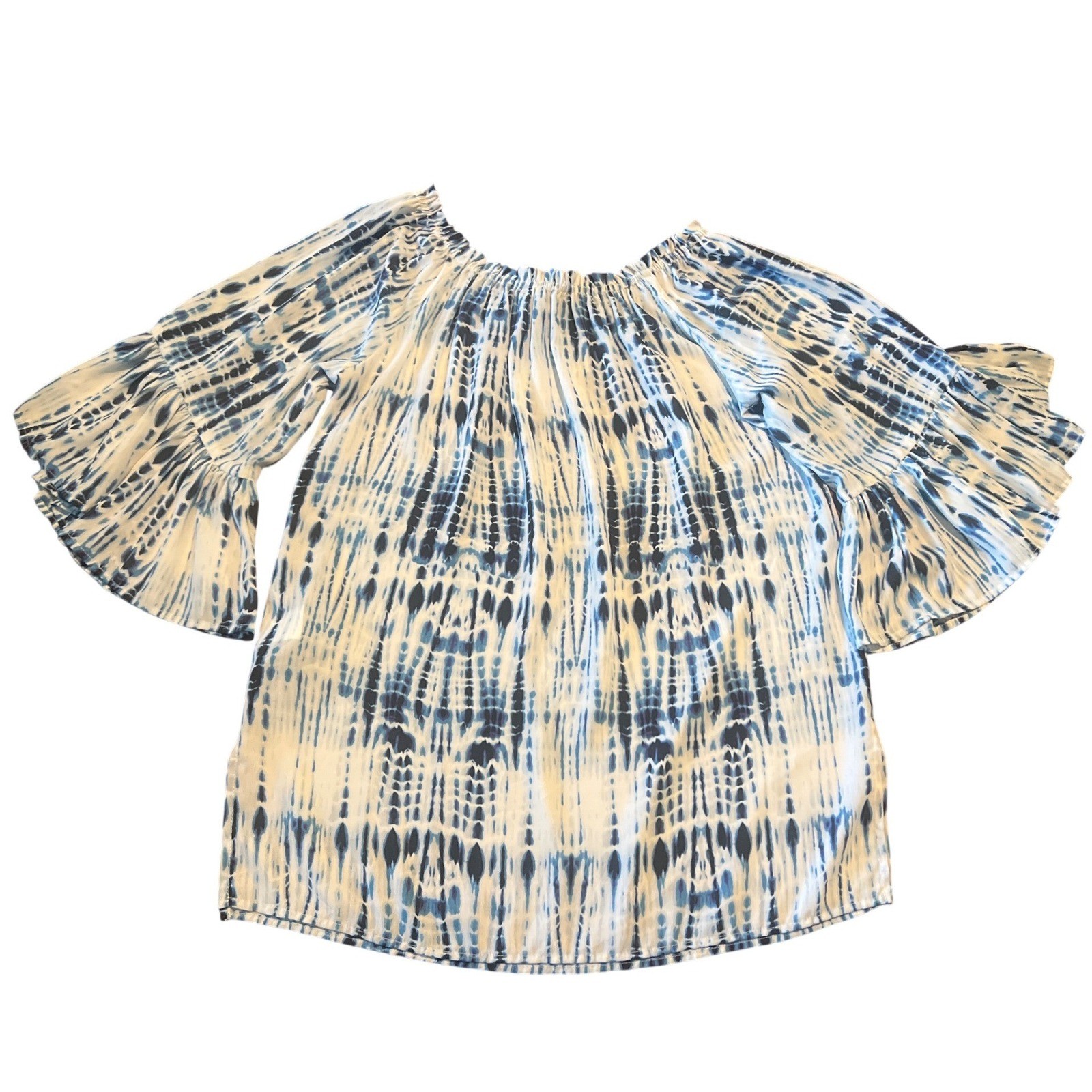 Karen Kane Blue White Tie Dye Off Shoulder Ruffle Bell Sleeve Boho Blouse Small