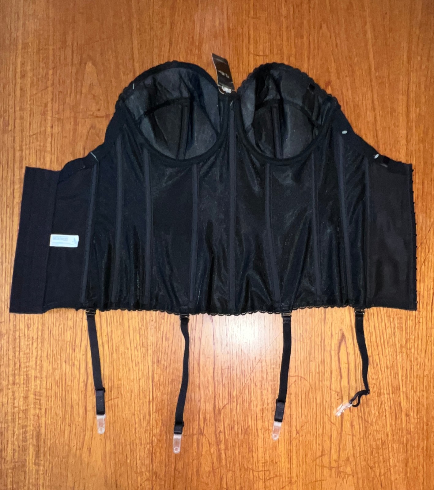Maison Va Bien Fine Corseterie, Smooth Satin Hourglass Bustier W/Garters, Sz 34D