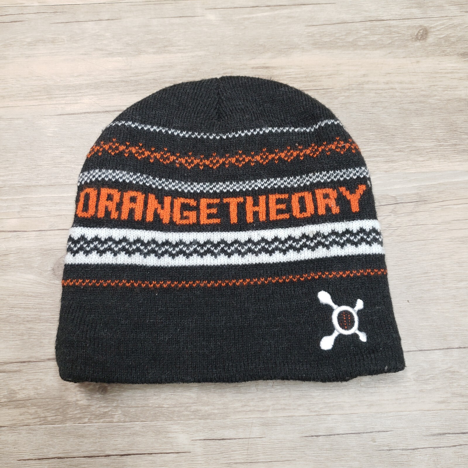 Orange Theory Fitness Winter Knitted Beanie Hat Toque Black Charcoal Gray Stripe