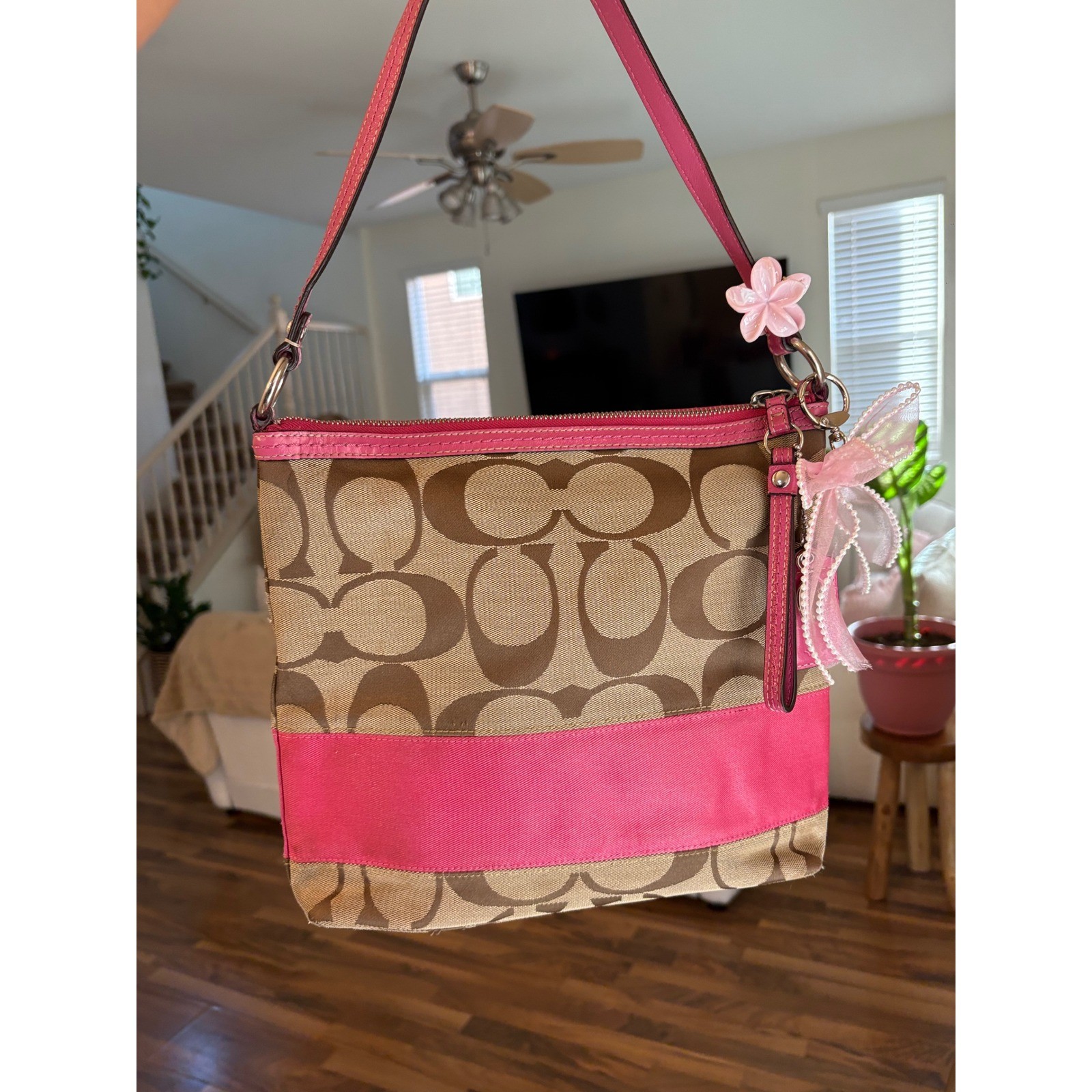 Coach Signature Khaki Pink Leather Trim Small Hobo Shoulder Bag F13674