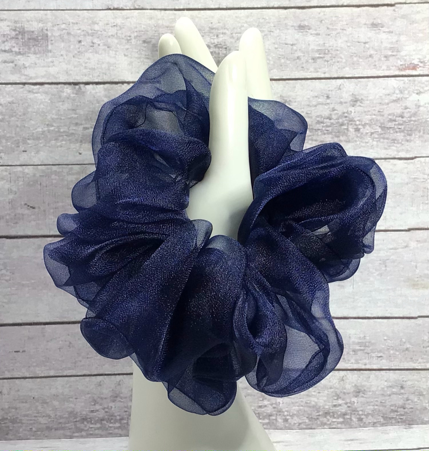 Dark Blue Crystal Organza XL Scrunchie Hair Ties – Ponytail Holder – 5 inches