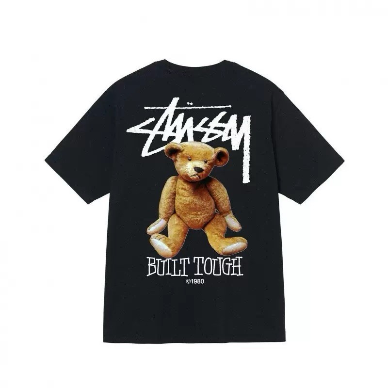 Stussy Men’s Black Built Tough Teddy Bear Graphic Logo Crew Neck T-Shirt, M
