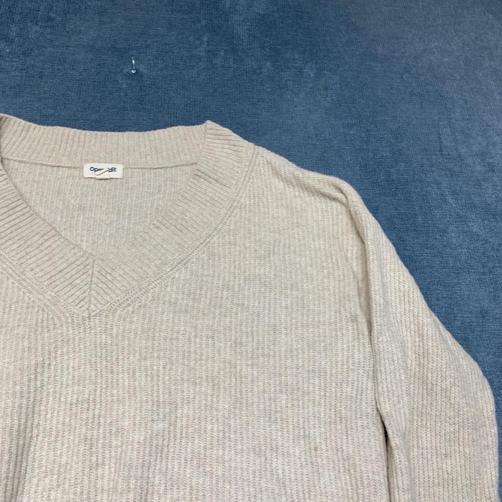 Open Edit Cropped Sweater Womens Large Beige Tight Knit Cotton V Neck Streetwear