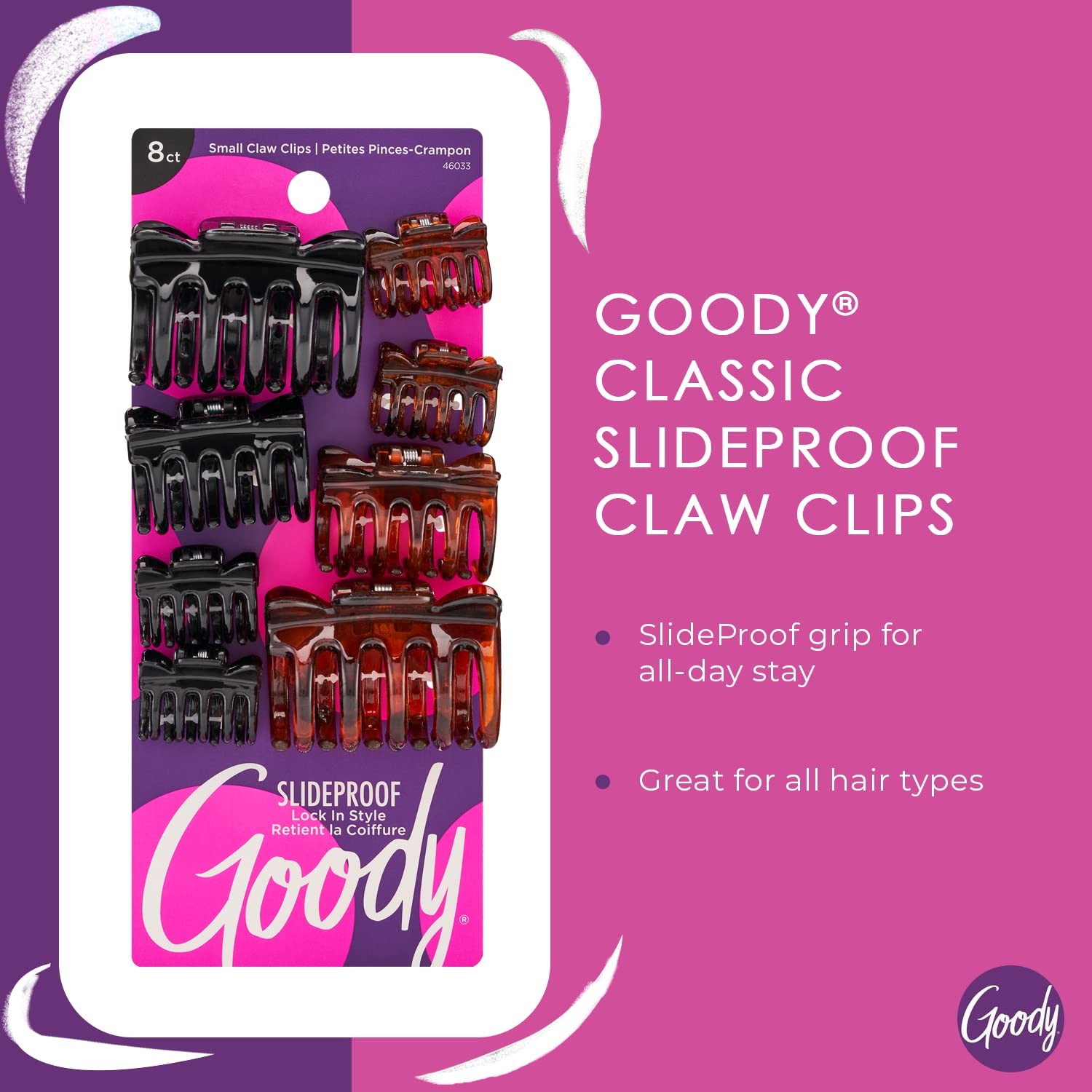 Goody SlideProof Classics Claw Clips, 8 8 Count (Pack of 1), Assorted 8 Ct