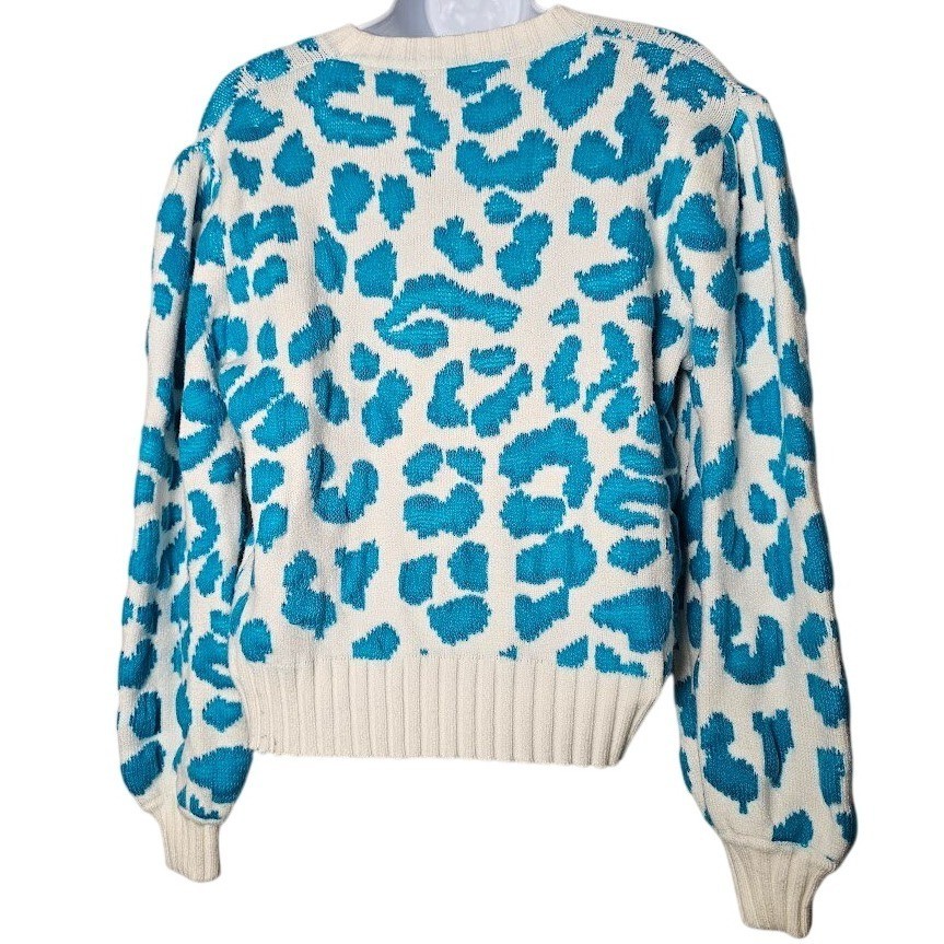 En Creme Womens Turquoise Leopard Print Crew Neck Bishop Sleeve Sweater Medium