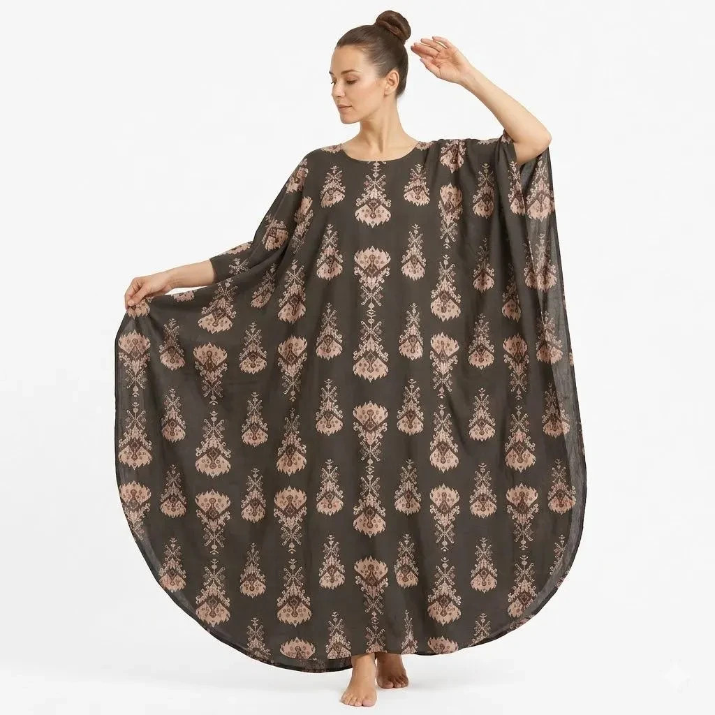 Pure Cotton Dabu Print Kaftan Dress – Handmade Rajasthan Maxi Kaftan