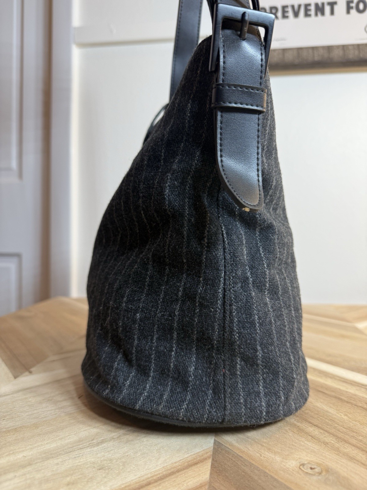 Espirit Wool Shoulder Bag Purse Drk Gray w/Pinstripes Indie Cottage Grunge