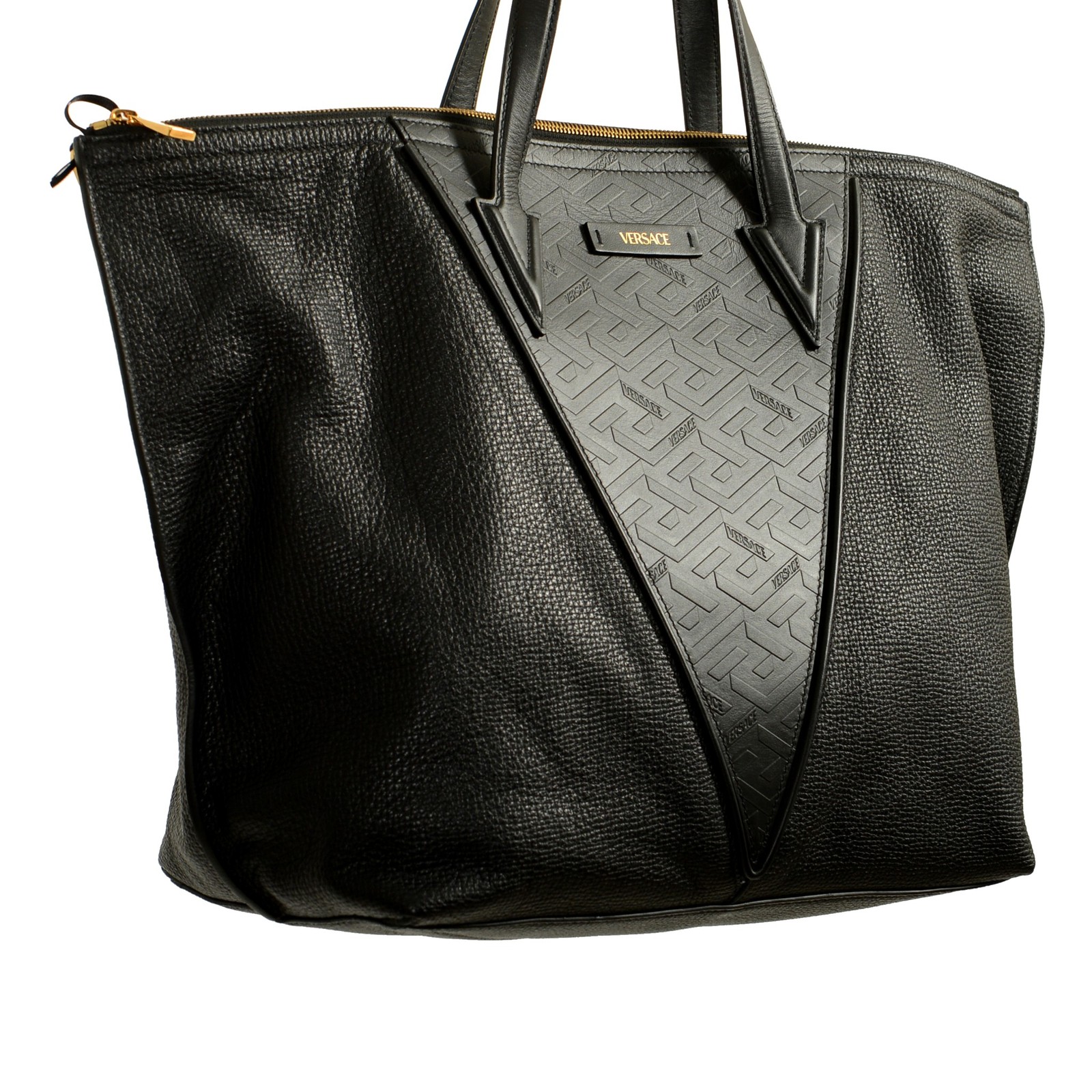 Versace Unisex 100% Textured Leather V-Logo Print Tote Handbag Shoulder Bag