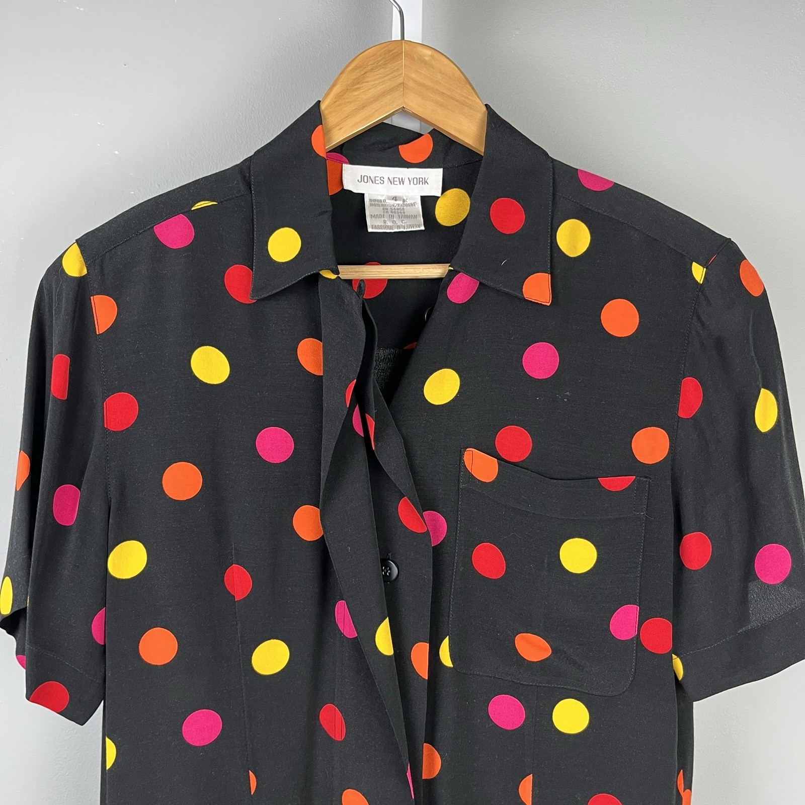 Jones New York Vintage Button Up Shirt Top Womens Size 4 Black Multi Polka Dot