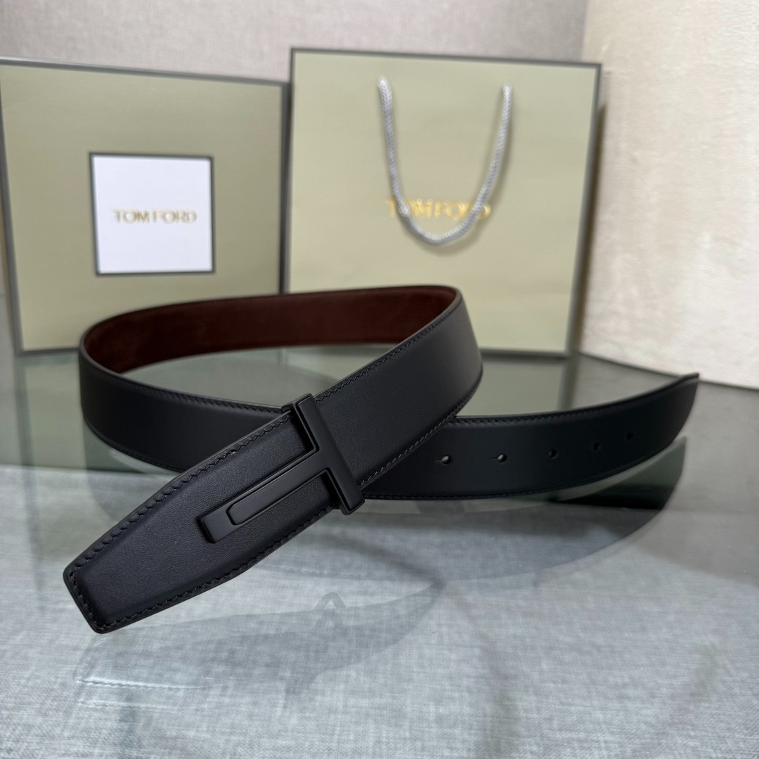 Authentic Tom Ford Men’s Reversible Calfskin Leather Belt Black T-Buckle