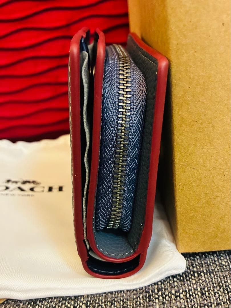COACH x Peanuts Snoopy Snap Wallet Leather Bifold Wallet Blue Red New