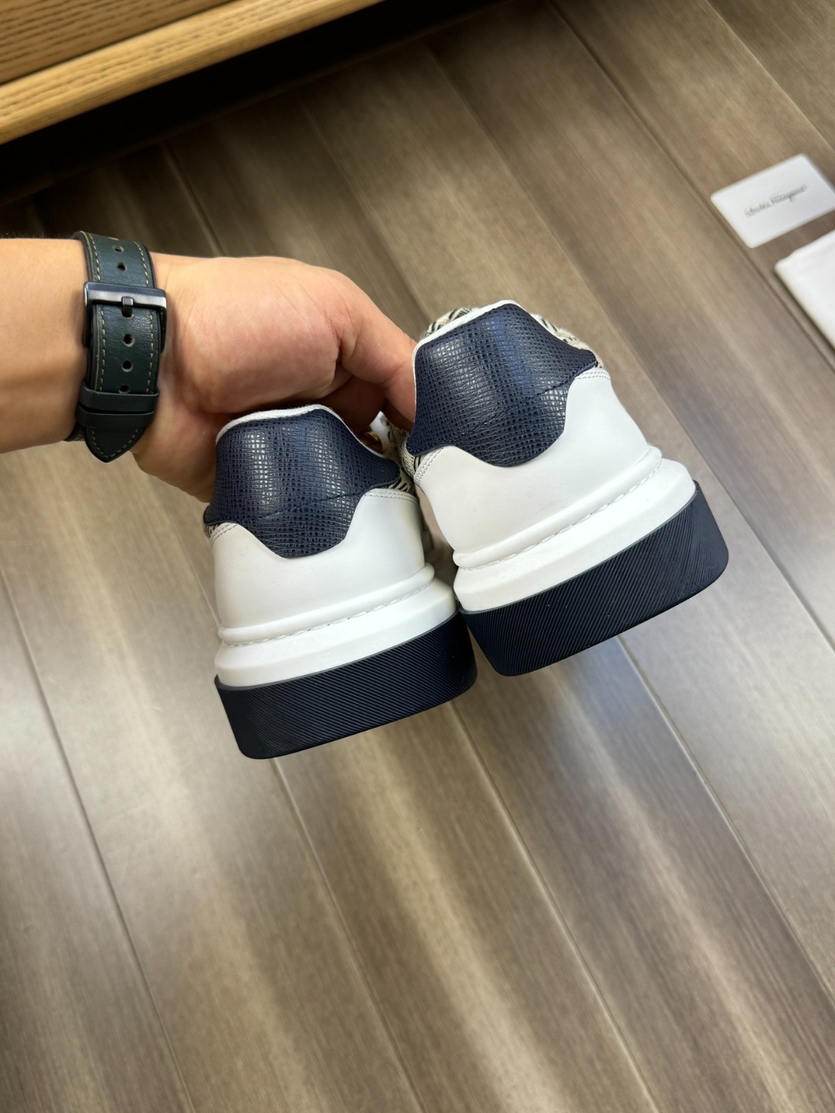 Salvatore Ferragamo White Navy Monogram Gancini Canvas Leather Sneakers Shoes