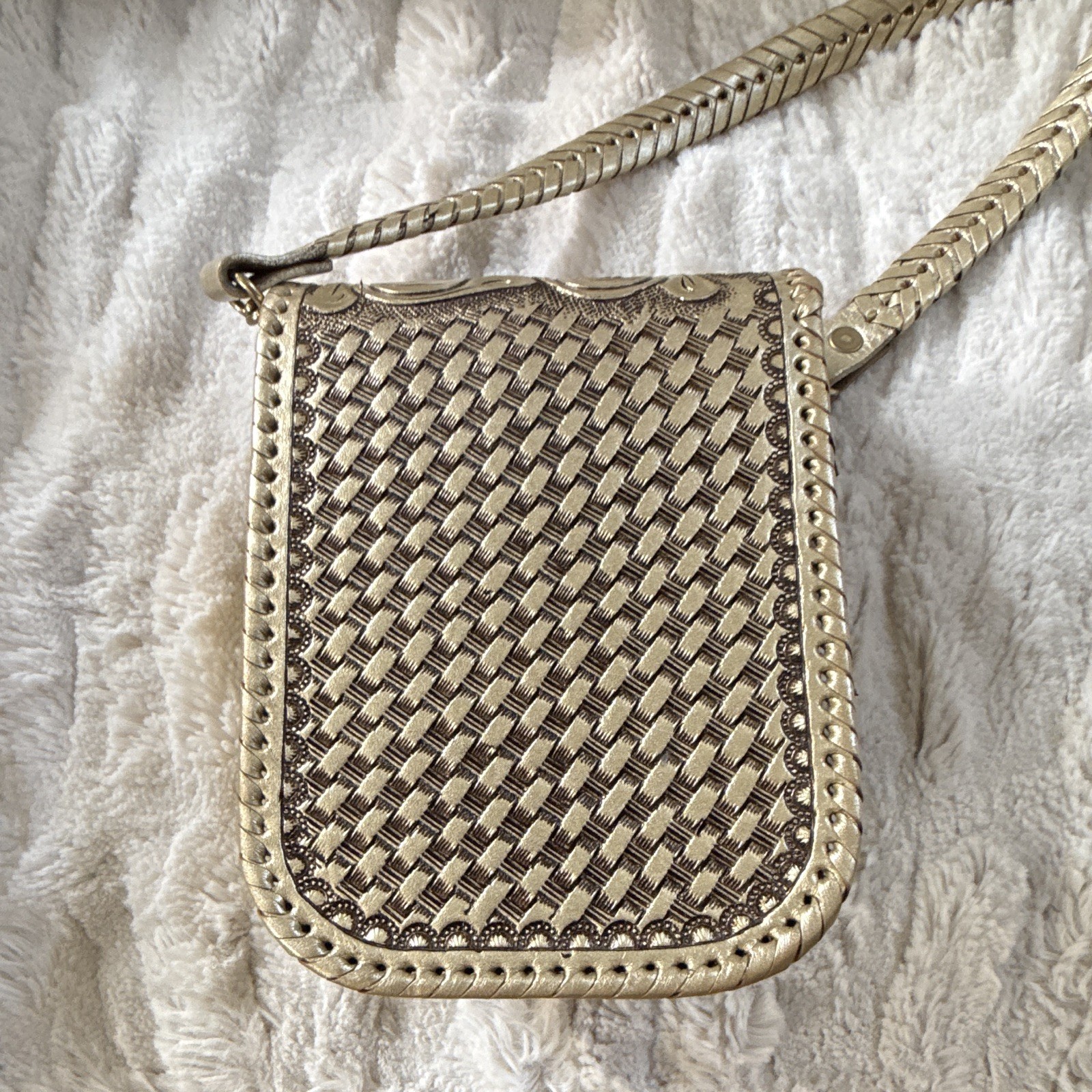 Origenes Metallic Gold Small Hand Tooled Leather Crossbody Bag/Magnetic Clasp