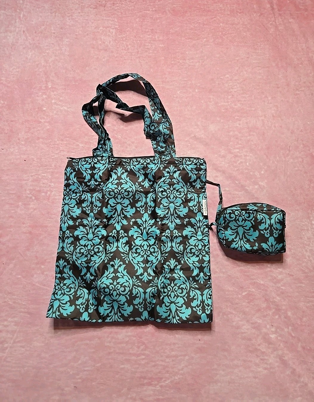 Sachi Damask Blue Brown Foldable Insulated Bag Tote With Carry Bag 15×16″