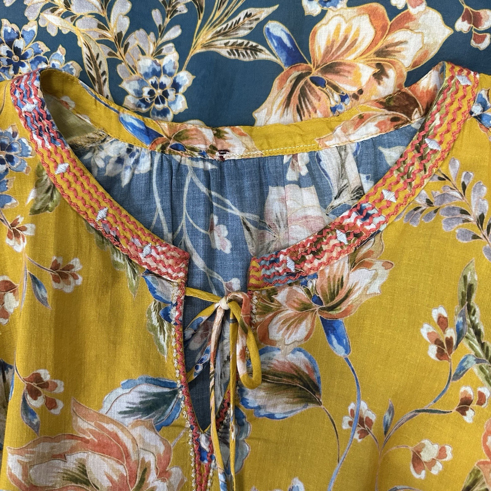 Johnny Was Effortless Peasant Blouse 100% Cotton Mustard Floral Multi Top L/XL