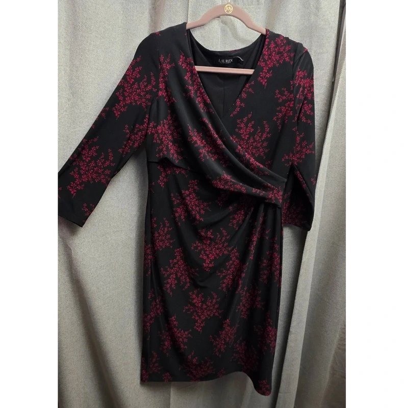 Lauren Ralph Lauren Black Pink Floral Faux Wrap Dress