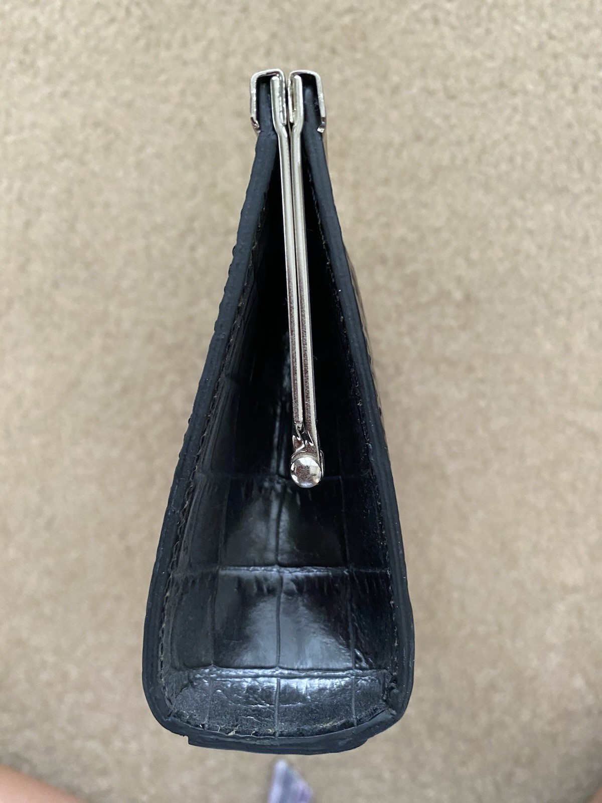 Ann Taylor Black Croc Embossed Clutch w/ Silver Chain Strap, Clasp, Pockets