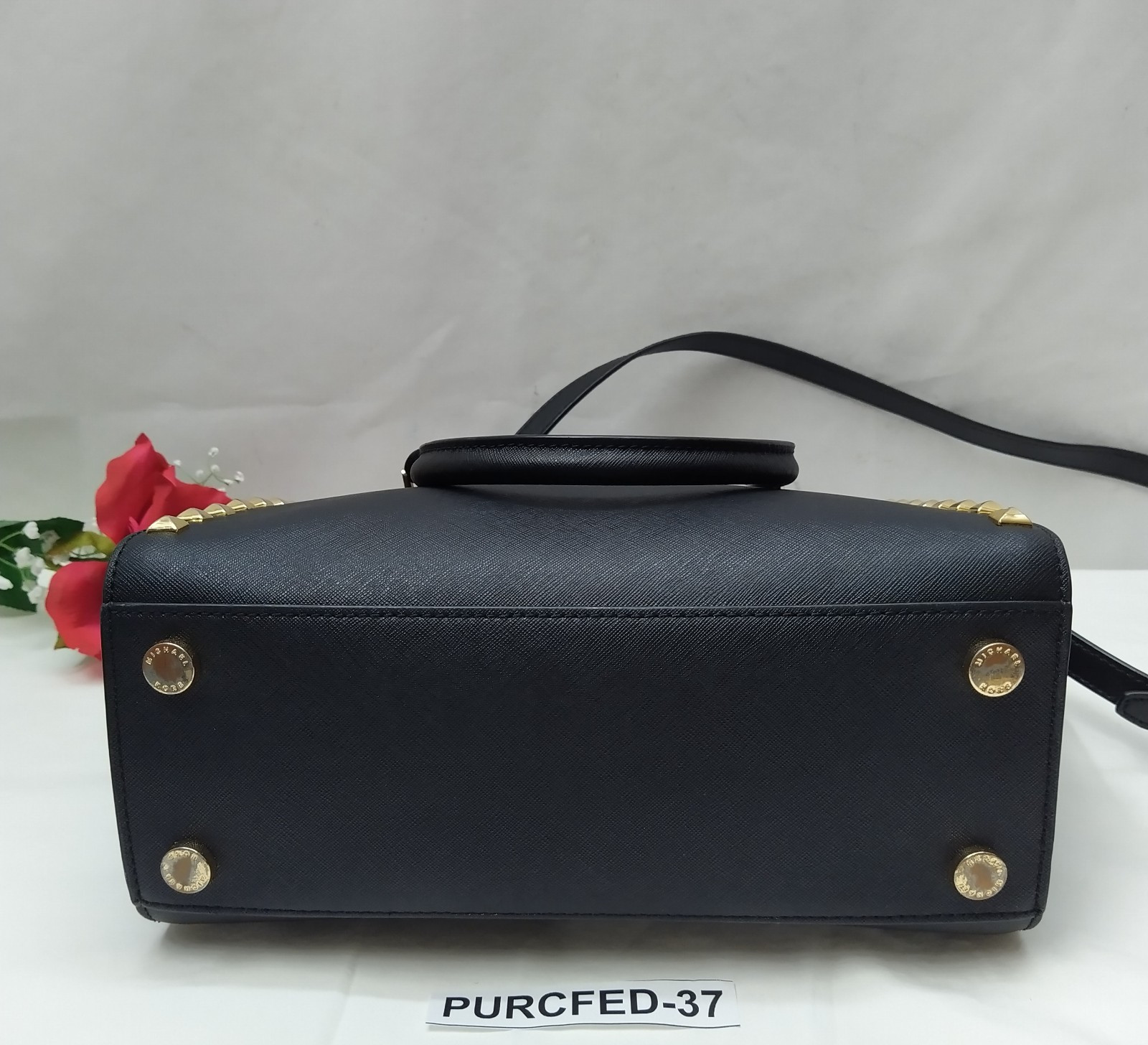 Michael Kors Black Leather Studded Double Handles Satchel Bag