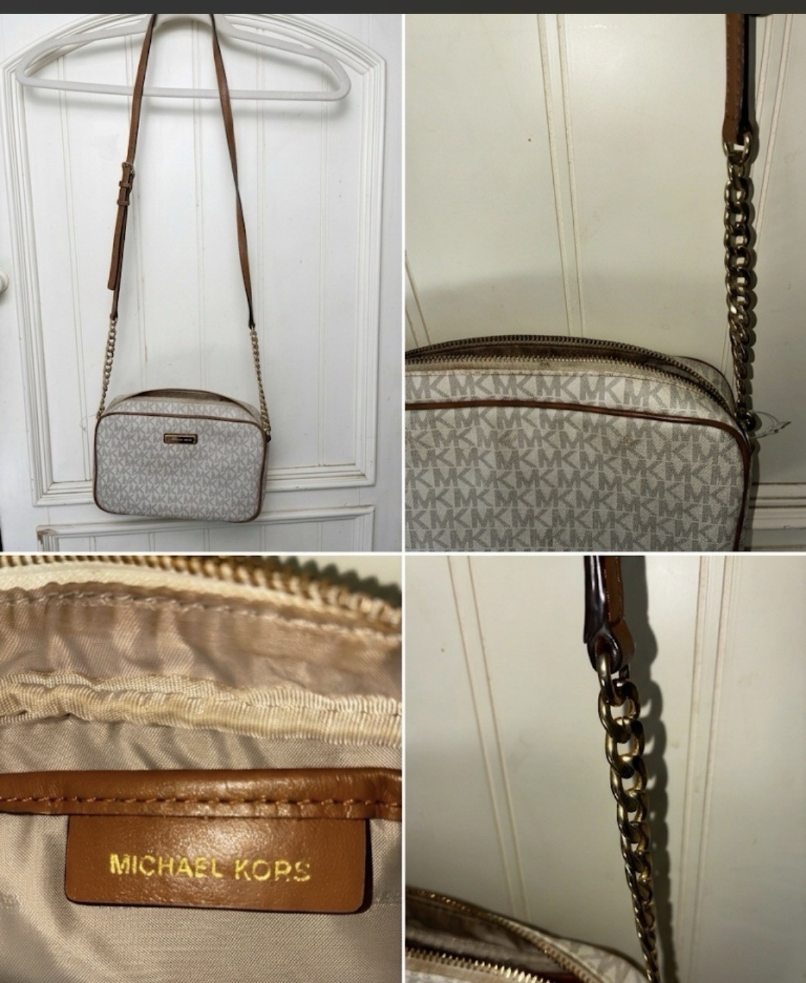 Michael Kors Logo Crossbody Bag Beige/Brown Zip Adjustable Strap Gold Chain