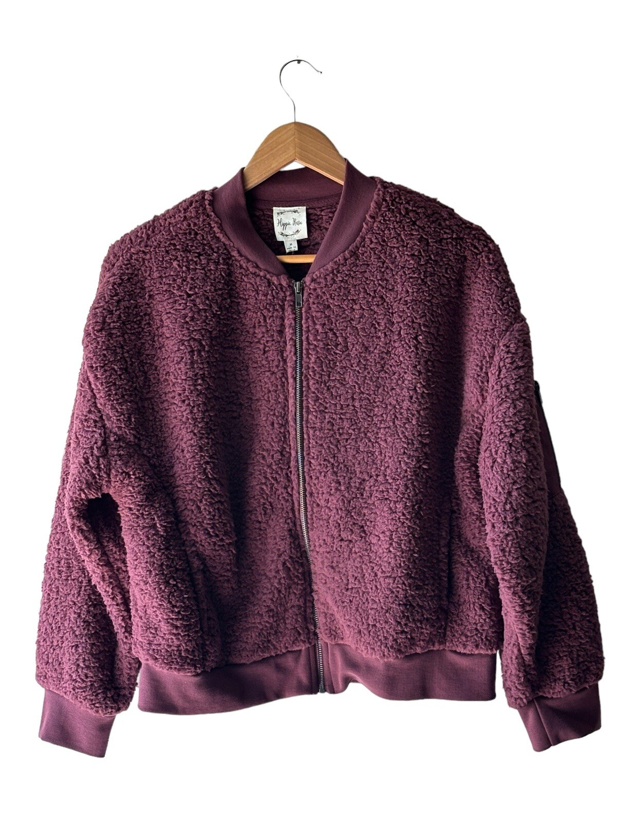 Hippie Rose Juniors Size M Deep Plum Sherpa Fleece Boxy Bomber Jacket – New