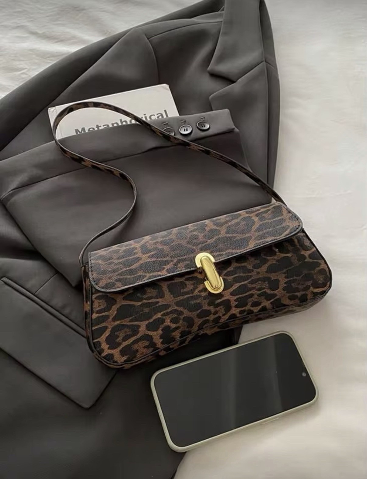 Leopard Print Small Women’s Shoulder Bag Brown/Black Gold Buckle Detachable