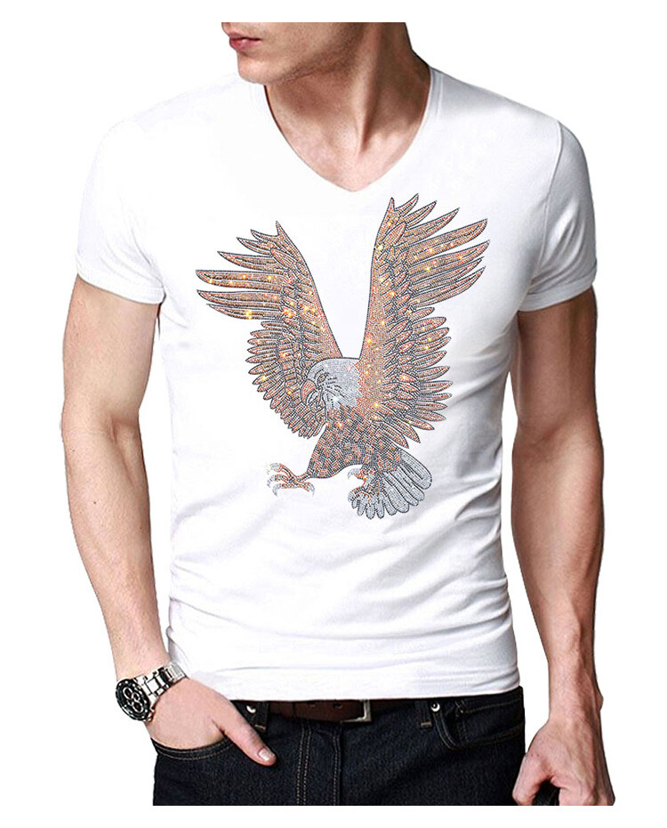 Men Fashion Diamonds T-Shirt Hawk Eagle 3D Rhinestones Hot Drill Short Sleeve