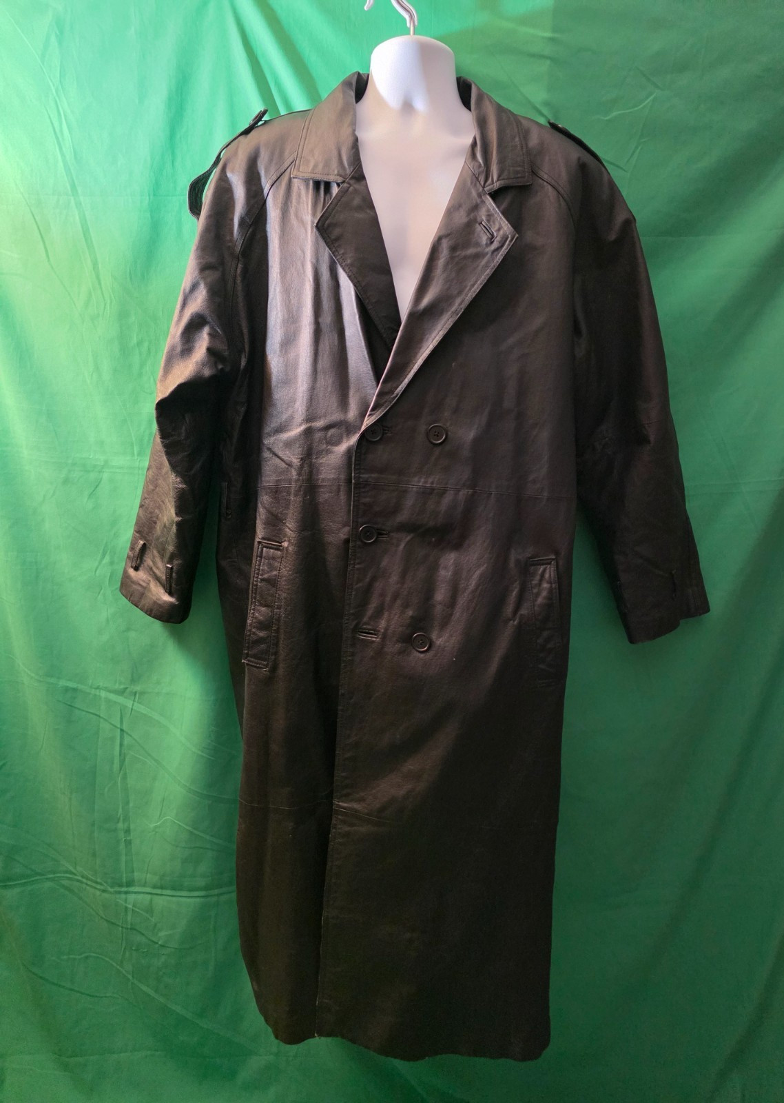Phase Two Genuine Leather Trench Coat Black Double Breasted L Full Length Gift