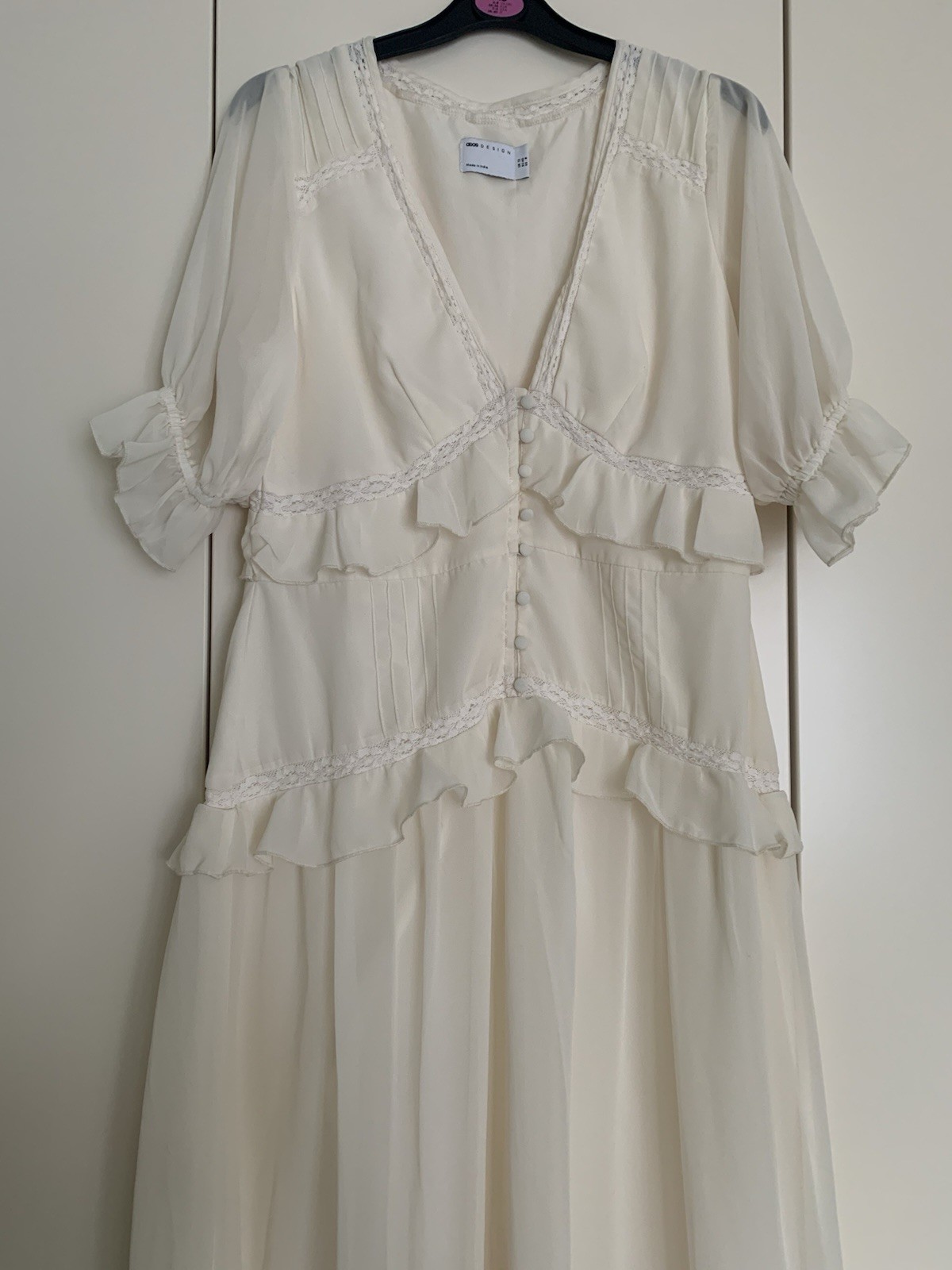 ASOS DESIGN button-through lace insert tiered midi dress in ivory – size 12