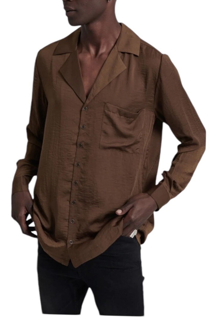 One Teaspoon Men’s Faux Silk Shirt Button Front Bronze Brown Size XL
