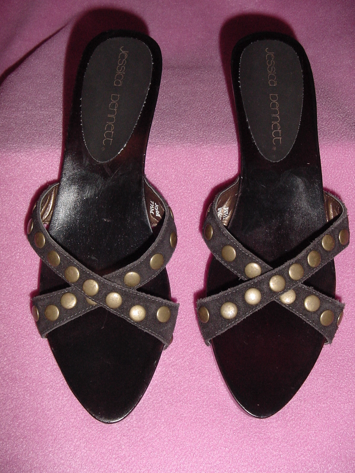 BROWN SUEDE Slide Nail Heads “Cybil” by Jessica Bennett 7.5~8.5 NEW~FREE SHIP