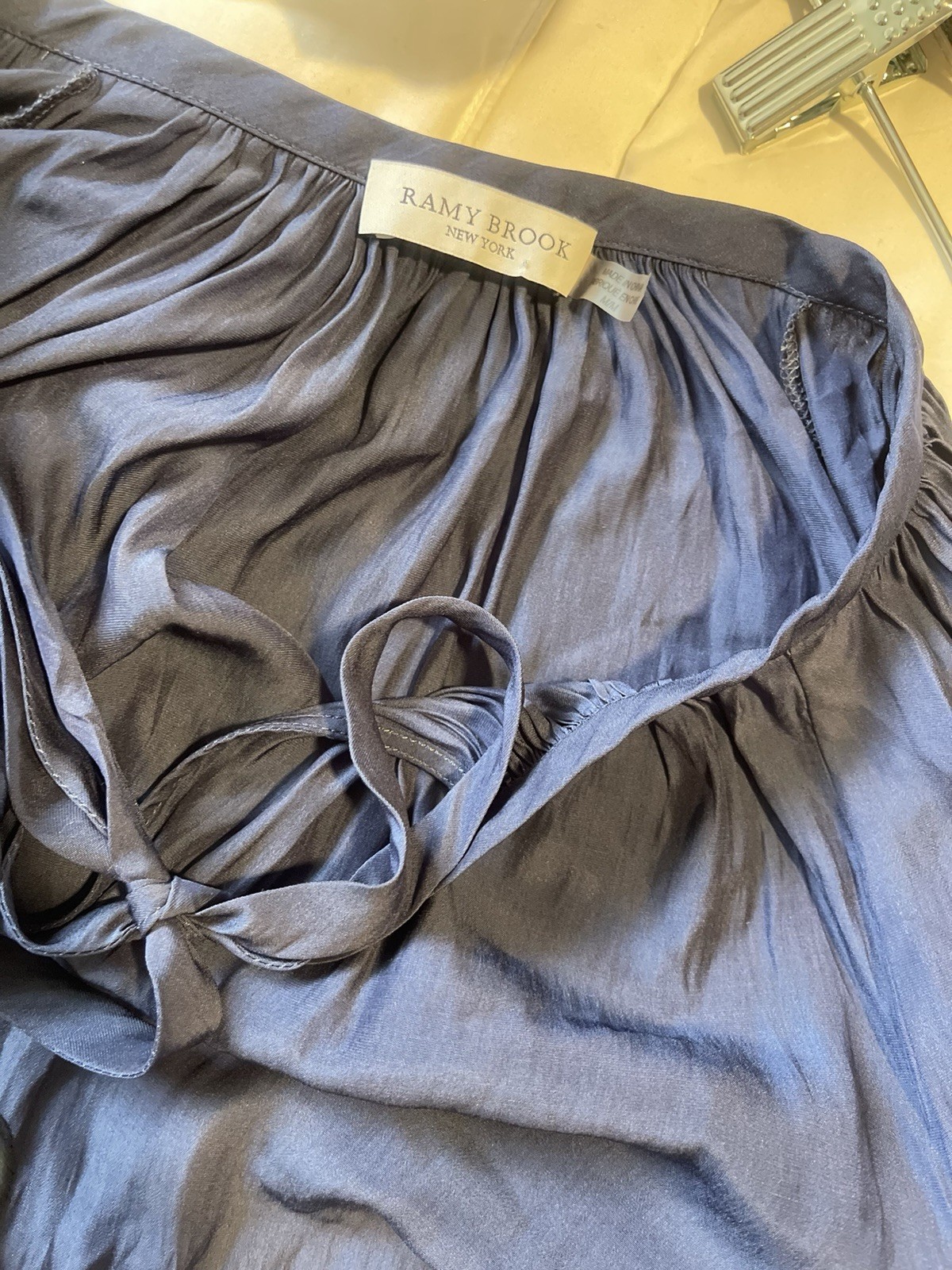 Ramy Brook New York Blue Solid Mini Dress S V-Neck Smocked Balloon 3/4 Sleeve