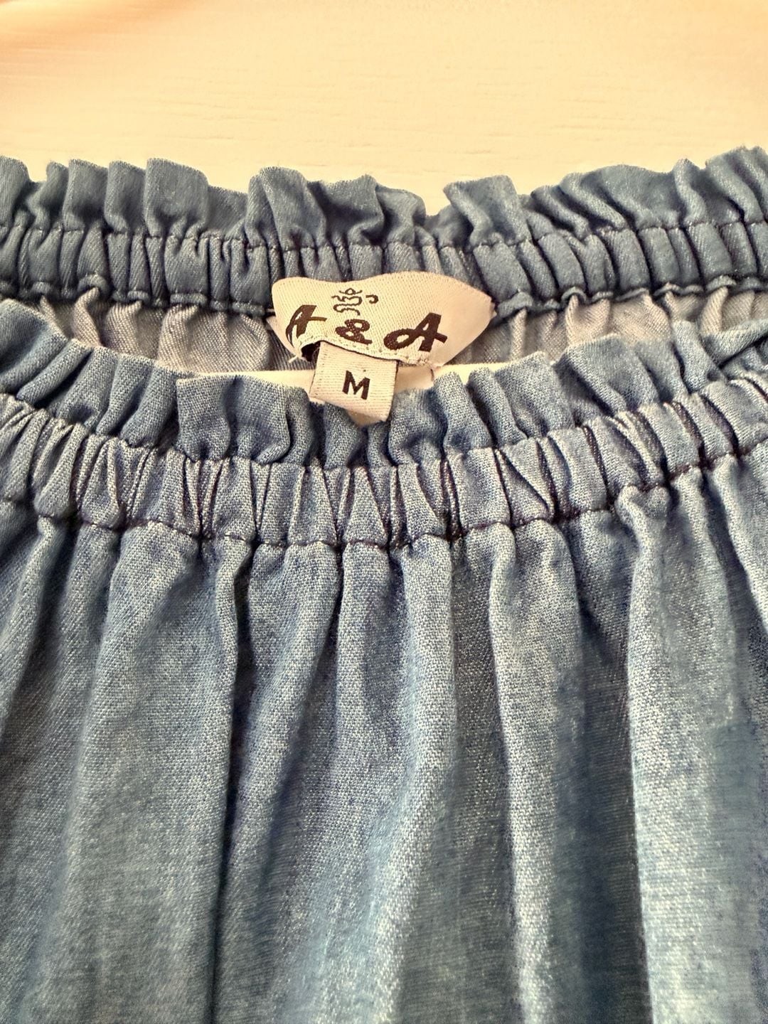 A&A Boho Off-The-Shoulder Embroidered Chambray Bell Sleeve Dress