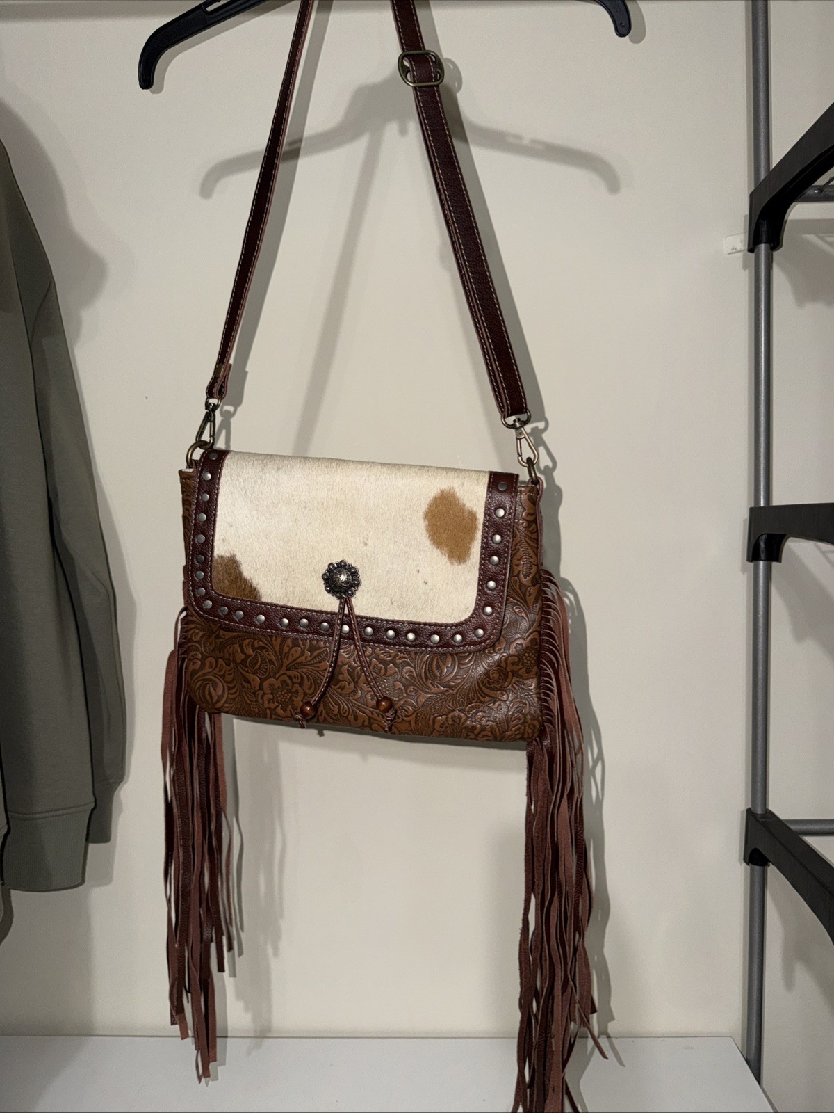 Myra Western Animal Print Cow Fringe Shoulder Bag with Tooled Leather Excellent